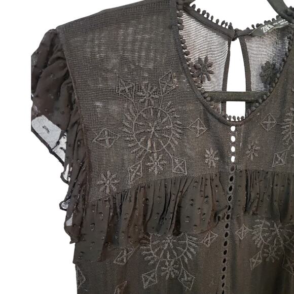 Zara Black Polk a Dot Embroidered Ruffle Maxi Dress Size Medium - Picture 6 of 11